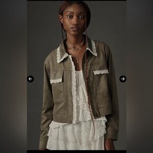 Anthropologie DOLAN Dark Green Utility Jacket with Cream Lace